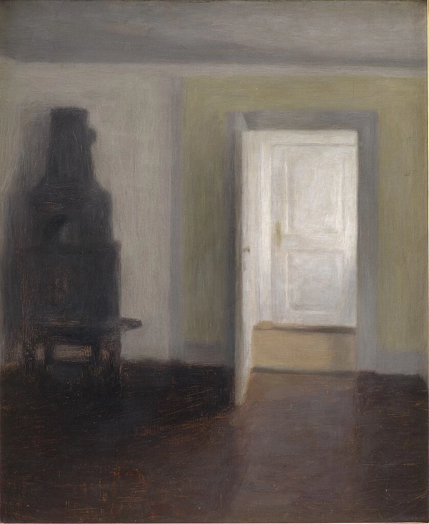 Vilhelm Hammershøi - Interno La vecchia stufa in maiolica Albertines Lyst, Lyngby, 1888, Statens Museum for Kunst